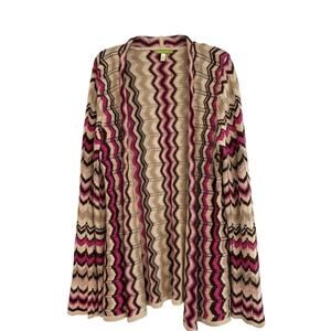 Sigrid Olsen Open Knit Cardigan XL Chevron Striped Pink Brown Boho Sweater